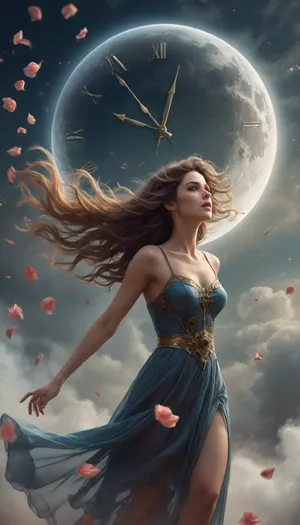 5000000010.160, A breathtaking surreal masterpiece in the photo art style of Artgerm and Aleksi Briclot captures an exquisite 30-year-old woman, viewed from the side, rising from fog, her hair tousled by the invigorating wind, with an ethereal crescent moon hanging in the sky, surrounded by free-floating petals, Beauty surmounted by a delicate pendulum clock in her hands, achieving, beautifully said