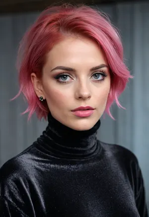 (masterpiece, best quality:1.2), 1 czech 30yo woman, famous singer Tereza Maskova, (she wears a anthracite baggy shimmering velvet turtleneck sweater and jeans:1.4), indoors in a recording studio, (short wavy pink hair:1.2), (eye sockets painted red, glitter stones on the outer corners of the eyes:1.2), bright blue eyes, piercing in nose, earrings, she is standing at a studio microphone and sings powerful and concentratedly, she wears an earphone, photorealism, <lora:681678_training_data:.5>