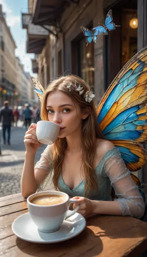 5000000010.168, Multilayered textured oil painting Impasto, beautiful fairy with butterfly-like wings drinking coffee on a street cafe with one mug, urban fairy tale, rays of morning sun, cinematic, hyper-realistic, in sharp focus, highly detailed, with cracked, flaking impasto. At times surreal, hyper-detailed, clear illustration. High detail. 4K, artstation trend