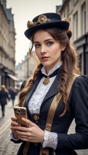 5000000010.170, a black and white photo of a woman holding a cell phone, a portrait, flickr, art nouveau, victorian city vista, tone mapped william-adolphe, sofya emelenko, young female, oldwest, instagram selfie, 1 9 th century london, gorgeous female, vintage footage, steampunk-esque!, on the street, handsome girl, lola dupre