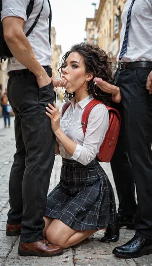 Beautiful 20-year-old girl tries to recognize her boyfriend by giving blowjobs to 4 guys standing in front of her. The boys are dressed and have their pants open. The girl is dressed in college clothes, with a skirt and backpack over her shoulders. Some cum has already fallen on her shoes, legs and skirt. Normal dicks, blowjob