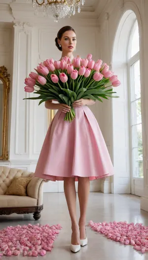 5000000010.174, A photograph of a huge bouquet of pink tulips in a high-heeled skirt, standing inside a white modern mansion with high ceilings. Surrealism, photorealism, and digital processing. The background is white and bright, with a style reminiscent of fashion photography. The flowers appear large, and the bouquet, dressed in a pastel-colored skirt and light-colored shoes, has long legs. The overall aesthetic is glamorous and luxurious, conveying a sense of wealth and opulence. A professional fashion photograph for the cover of Vogue magazine