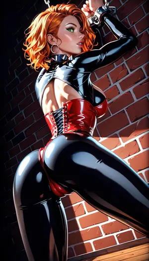 w3st3rnc0m1c, westerncomic, western comic art style, score_9, score_8_up, score_7_up, (dutch angle), face close-up, focus on face, deep cleavage, athletic woman, ginger hair, spiked collar, black latex catsuit, supermodel face, big parted lips, standing, (bending over:1.2), (ass back), spreading legs, red harness, tight laced corset, chain leash restraining her neck to arms, next to the brick wall, arms restrained to the wall, cameltoe, green eyes, slim legs, big ass, muscular hips, narrow waist, wooden floor, blue, red, white, green, lineart, line, art, flat, colors, color, <lora:lineartSDXL:.8>