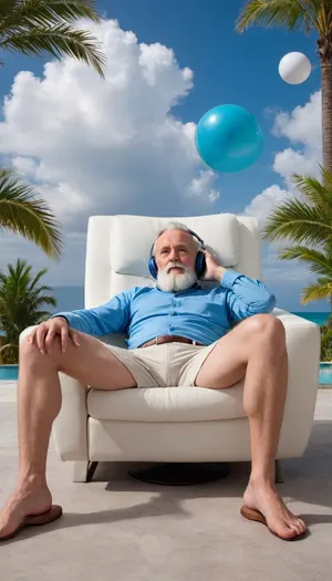 5000000010.143, a bearded old man relaxedly sprawled out in a white armchair chair with a small blue biluminescent globe in palms, album cover by Alexander Kukharsky, in the trend of pexels, noble and stately appearance, white hair and white beard, with white headphones, against the background of clouds, relaxing mood, the Alm.ighty in headphones looks at the ball, incredibly beautiful, headphones