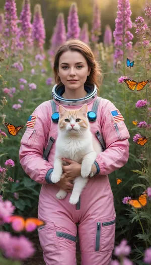5000000010.146, A woman in a closed pink spacesuit holds a fluffy cat in her arms surrounded by colorful wildflowers and fluttering butterflies, photo, unsplash, aesthetic field of flowers and bright butterflies, astronaut portrait, rays of sunshine, spacesuit covered with glass, woman and cat, professional photography