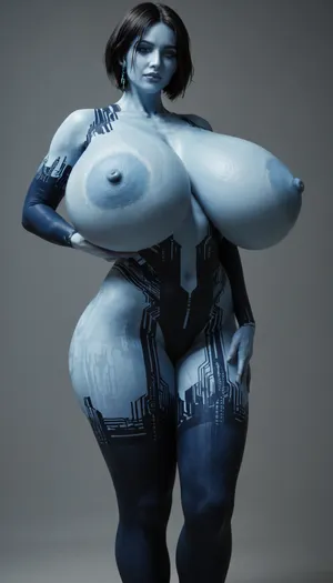 Cortana from Halo wearing cleric robes and stockings, masterpiece, best quality high resolution realistic photograph, cortana blue skin, giant breasts, massive breasts, hyper breasts, breasts bigger than torso, hyper hanging breasts, gigantic breasts, gigantic round breasts, saggy, swinging breasts, overflowing breast