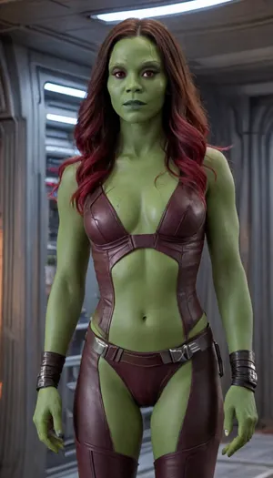 Naked Gamora from guardiens of galaxy, standing im starship, skswoman, <lora:Gamora:.8>
