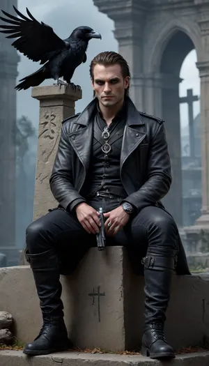5000000010.181, man sitting on a stone cross of a tomb with a raven on his shoulder, holding a black pistol, shadowrun character art, by Anne Stokes, joker makeup, movie character raven, cyberpunk assassin, black and blue roses, cinematic still from the movie raven, by Robert Lee Eskridge, scary gothic architecture, he has a gun!!!, punk rocker, dark brotherhood, jester, professional photography for movie poster