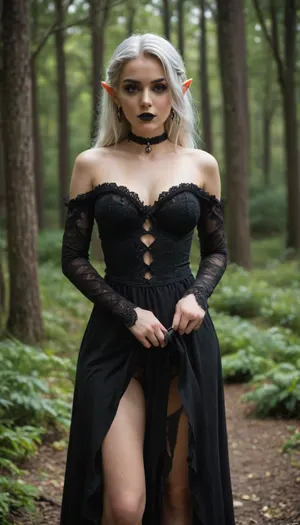 Elf, white hair, goth, choker, sexy, beautiful, purple eyes, dark magic, succubus, black lipstick, cosplay, fantasy, dark mystical forest, sexy body, model, lifting dress