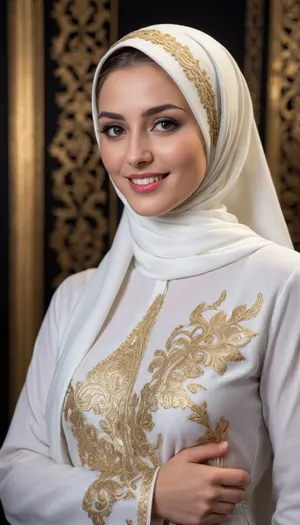 a woman dressed in a traditional Islamic outfit, adorned with a white hijab and a white abaya. The woman's dress is adorned with gold embroidery, adding a touch of luxury to her outfit. The backdrop is a stark black wall, creating a stark contrast to the woman's outfit. Face Detail, Enhanced Beauty, happy, Realistic Model, smiling Face, Hot Body, Sexy Body, Man, Attractive, Handsome Boy, Enhanced all details, Extremely Beautiful, Gorgeous, Pretty Face, Attractive Figure, Mystical Beauty, Sexy Girl, Hot, Hot body, Attractive Body