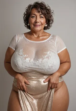 ((insanely detailed photo of a tanned beautiful bbw mature gilf)), (warm diffused light:.5), (horny French BBW milf 60-year-old girl with brown short hair, messy tousled hair, big intense eyes), (thight dress), smiles at the camera, (transparent white v-neck T-shirt)