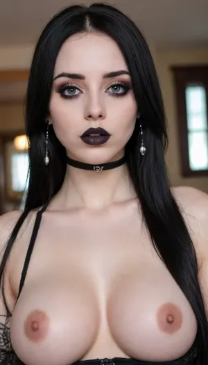 8k, highest detail, photo realistic, close up, a goth girls face, septum piercing, upper lip piercing, long jet black hair, black lipstick, nose piercing, tongue piercing, black eyeliner, pale face, big anime eyes, big saggy hangin breasts, mischievous look on her face, detailed_shot_of, <lora:close_up_detailed_shot_of1:1.4>