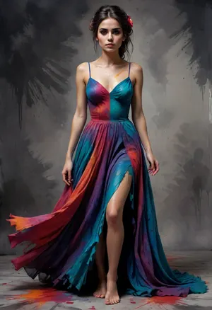 Mexican horror, 30 year old tall lanky woman, fear, dread, despair, bare feet, full length, full body, long flowing dress, complicated and messy hairstyle, katr1na, face, paint, Colorsplash, <lora:CatrinaMulti_byDevDope:.5>, <lora:SDXLPaintSplash:.3>