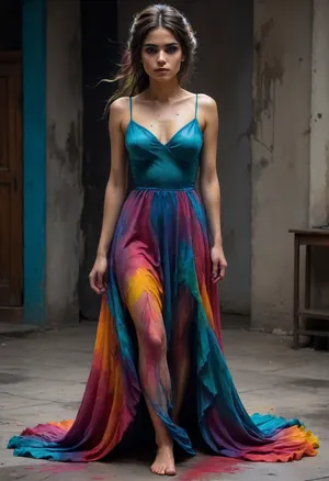 Mexican horror, 30 year old woman, tall and lithe, fear, dread, despair, bare feet, full length, full body, long flowing dress, complicated and messy hairstyle, katr1na, face, paint, Colorsplash, <lora:CatrinaMulti_byDevDope:.5>, <lora:SDXLPaintSplash:.3>