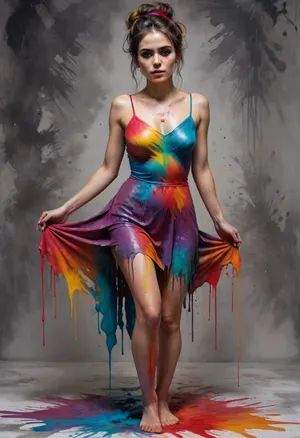 Mexican horror, 30 year old woman, tall and lithe, fear, dread, despair, bare feet, full length, full body, comletely nude, body covered in paint, paint spread out like a dress, complicated and messy hairstyle, katr1na, face, paint, Colorsplash, <lora:CatrinaMulti_byDevDope:.5>, <lora:SDXLPaintSplash:.3>