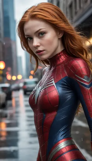 woman, Alien-themed Closeup fullbody portrait of young female Spiderman, ginger hair, city, intricate background, atmospheric scene, masterpiece, best quality, (detailed beautiful face, detail skin texture, ultra-detailed body:1.1), fantasy, feminine+, shiny wet skin, looking at viewer, modelshoot style, (extremely detailed CG), photo of beautiful artwork, High Detail, Sharp focus, dramatic+, (photorealistic), Intricate, handsome, . Extraterrestrial, cosmic, otherworldly, mysterious, sci-fi, highly detailed