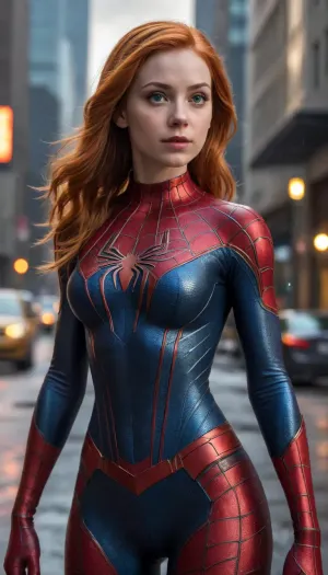 woman, Alien-themed Closeup fullbody portrait of young female Spiderman, ginger hair, city, intricate background, atmospheric scene, masterpiece, best quality, (detailed beautiful face, detail skin texture, ultra-detailed body:1.1), fantasy, feminine+, shiny wet skin, looking at viewer, modelshoot style, (extremely detailed CG), photo of beautiful artwork, High Detail, Sharp focus, dramatic+, (photorealistic), Intricate, handsome, . Extraterrestrial, cosmic, otherworldly, mysterious, sci-fi, highly detailed