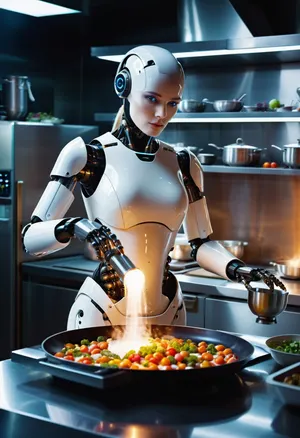 A robot chef, a futuristic white humanoid female figure with black mechanical parts, prepares innovative food using its limbs to hold and process ingredients, focusing on fantastical-looking molecular cuisine dishes from which colorful steam emanates, in a futuristic professional kitchen with glossy surfaces and high-tech equipment. Science fiction, high-tech style, photorealism. Bright, even lighting with spotlights on the food being prepared, soft reflections on glossy surfaces. Medium shot, chest-level perspective showing robot details and the cooking process. High detail, futuristic atmosphere, cleanliness, sterility.
