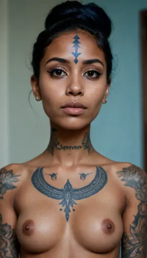 Indian, Black girl, nude, (face tattoo blue), (chest tattoo)