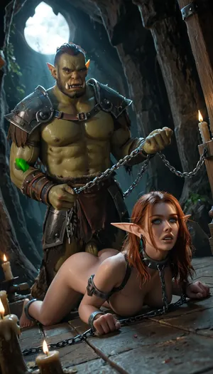 Female night elf, blue skin, on floor, intense anal sex, arms restrained behind her back, male orc pulling chain leash, spiked collar, prone pose, ass up, cutout Auburn hair, nude, harness, pale blue skin, many candles, candlelight, vast cave, (candle lit), dutch angle, female NightElf, male orc, in, armor, diadem, horns, stocks, slave_restraints, outfit, Orc, Shaman, <lora:dark:.8>, <lora:MJ52:.8>, <lora:NightElfXL01-000005:2>, <lora:slave_restraints:2>, <lora:XL_World_of_Warcraft_Orc_Shaman_-_By_HailoKnight:2>