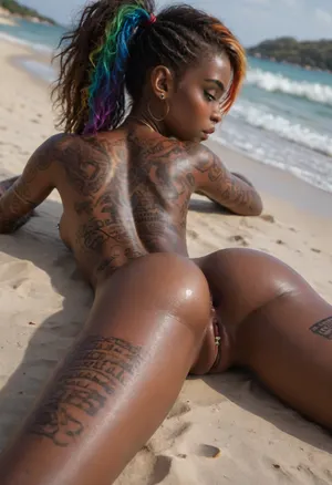 (Close-up), (beach), (1girl), (african:2), (black skin:1.8), (((long rainbow colored hair))), (((visible gaped anus))), (pierced nipples:1.4), (pussypiercing:1.4), embedding, simplepositivexlv1, ((young girl)), (((lilit-a))), ((skinny)), (abs), ((blush)), (((slim hips))), (((slim waist))), (((cameltoe pyssy))), (((very long big thick eyelashes))), (excessive tattoos:2), (oiled skin:1.6), (((prone pose:2))), (((view from behind:2)))