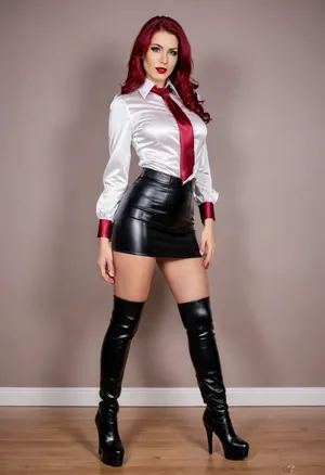 Meine Kundin hat lange braune Haare., ((Eine weiss glänzende Kurz Arm Satin Bluse und einen Weinrotem engen Glänzenden Lack PVC Minirock an)), . Darunter trägt sie reizende violette, schwarze Dessous und, ((schwarze Nylon Strapsstrümpfe mit schwarzen langen Lack High Heels Stiefel.)), Sie hatte ein Wunderschönes sympathisches Lächeln.