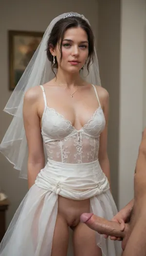 The photo shows of three, consisting of a 40yo man, a 40yo mother, and 22yo daughter. The mother is wearing a very skimpy, erotic wedding dress. The man is wearing a wedding suit, his fly unzipped, revealing a large erect penis. The young daughter is wearing a pink dress, exposing her bare breasts and pussy