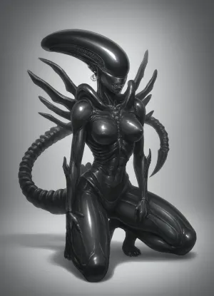 solo, (((female xenomorph black body, xenomorph black legs, xenomorph black feet, xenomorph black head, xenomorph black face, xenomorph black claws, xenomorph black fangs))), wearing tight fitting red bodysuit
