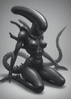 solo, (((female xenomorph black body, xenomorph black legs, xenomorph black feet, xenomorph black head, xenomorph black face, xenomorph black claws, xenomorph black fangs))), wearing tight fitting red dancer outfit