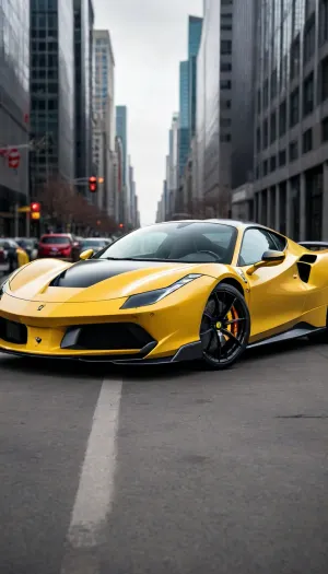 5000000010.198, Close-up black Ferrari F8 with black wheels, the car is painted in a matte gray color, white background, side view of the sports car, with yellow and red details, with a bright logo Ferrari, against the backdrop of a dark gray futuristic city, angle shot, professional photography, advertising style photography, cinematic photography, wide-angle lens, natural lighting, high resolution, hyperrealistic, high detail, depth of field, sharp focus, ultra-detailed, super-realistic.