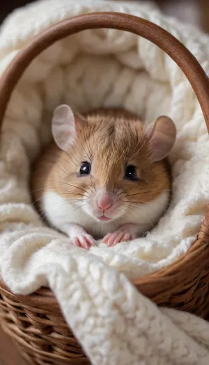 5000000010.197, A cute little mouse is sleeping in a basket, wrapped in a soft white woolen blanket, and drinking hot coffee. The photo was taken by professional photographers using high-quality cameras. It is very realistic and has warm color tones. It is so beautiful that people want to hug it!