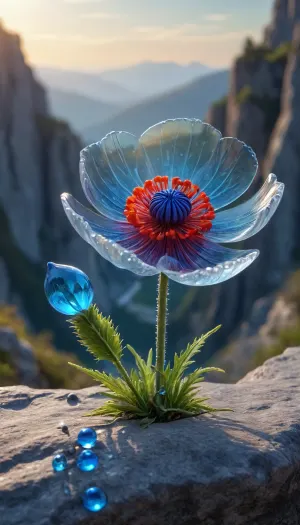 5000000010.196, glass flower sitting on top of a cliff, digital art, by Mari Bashkirtseva, glowing drop threads, mobile wallpaper, beautiful glass work, blue, petals, poppy, transparent hydrogen. beautiful, glass skin, bubbles in glass, sun rays, play of light with glass, glitter and reflection, on top of the mountains, stunning screenshot, Renee Lalique, complex and intricate, crystal clear, incredibly beautiful wallpaper