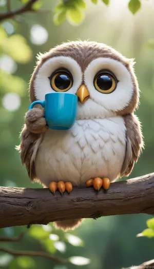 5000000010.193, A cute, fluffy baiby owl with one eye closed, holding a blue coffee mug in one hand and a charming white pillow in the other, sitting on a branch in the morning sun, in a Pixar-style, super-detailed, high-resolution, colorful, soft lighting, and bokeh effect. The scene is filled with a smile, a relaxing, peaceful mood, soothing colors, and a green background, in an anime chibi style.
