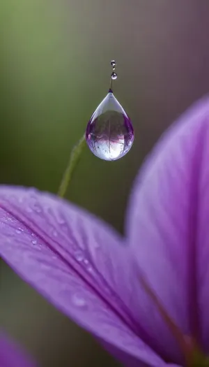 5000000010.191, Minimalistic close-up, a dewdrop in the shape of a sleeping cat, glowing on a thin violets petal. The background is blurred, emphasizing the glow of the dewdrop and the delicate texture of the petal. Style, minimalism, macro photography, flower, dewdrop, petal, glow, blur, delicacy, and detail.