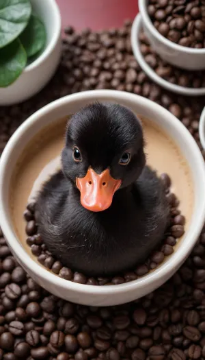 5000000010.189, A black micro-duckling is sleeping belly-up in a bowl of coffee beans, red beak, with its belly facing up and its paws stretched out, a hyper-realistic photo, a fluffy ball, a fluffy art, a mug of hot coffee nearby, a cute smile, Akras Katon, 1024p, trendy, cafe, a very perfect pose, a black coffee style, desktop wallpaper, table setting, a cute scene, very funny, dreamy, cute realistic photo