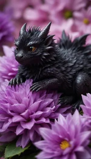 5000000010.137, A very small, miniature black and fluffy dragon sleeping in a purple flower bud, fluffy tail, a cute and beautiful photo, fur structure, a hyperrealistic photo, a professional photo