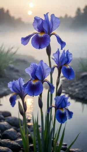 5000000010.186, close-up of blue iris flowers in a cold dawn, a clear pond, fog, rocks, dewdrops, dark clouds parting, a huge sun rising on the horizon, textures, high detail, x-ray, professional photo
