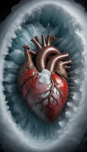 5000000010.187, The heart, made of ice and snow and frozen in the middle, is a huge anatomical photography+digital processing in the ancient Chinese painting style. The background features Arctic glaciers and a white sky, creating a surreal photographic effect that enhances its majestic aura. The composition uses wide-angle lenses that highlight details and textures, creating a strong contrast between light and dark.