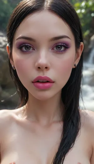 (Extreme close up view:1.3), (beautiful 34 year old elf woman:1.3), (long elf ears:1.2), (nude), (large full lips:1.8), (long wet straight black hair:1.4), (bright purple eyes:1.3), (evil squinting small eyes:1.5), (slender petite body:1.3), morning, (wet and shiny skin), sweating, (cute bubble butt:1.2), (tiny breasts:1.5), (tiny nipples), by a waterfall in the Amazon Jungle, (golden earrings), (diamond wrist bracelets), <lora:Asian_Beauty XL:.1>, <lora:Midjourney Image Enhancer XL v1:2>, <lora:HellJourney_XL_V1_universal:2>, <lora:405168_training_data:2>