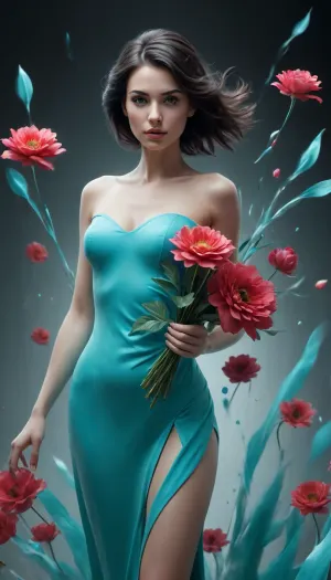 5000000010.183, abstract 3 d, woman holding flowers airbrushed, Eugeniusz Zak, tumblr, turquoise, ruby, black, white, Sylvain Sarraj and Igor Morski, featured on artgerm, clubbing flame, abstract 3 d work, awesome