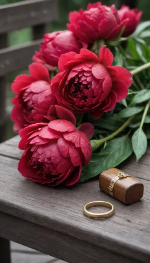 5000000010.228, bouquet of red peonies, near with an open box with a ring, lying on an old wooden bench, long stems with leaves, rain, drops, trail, close-up, wood texture, monochrome