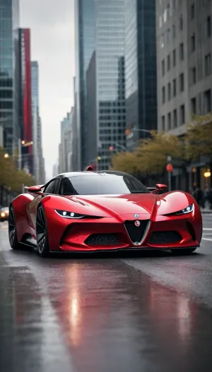5000000010.230, 3/4 front view, red Alfa Romeo Vision Gran Turismo Concept car in the style of Eero Aarnio, background of a future futuristic city, 2100, the smooth curves of the car contrast strongly with with smooth geometric shapes of buildings, red on dark gray, shot on Canon EOS5D Mark III camera with a focal length at f28