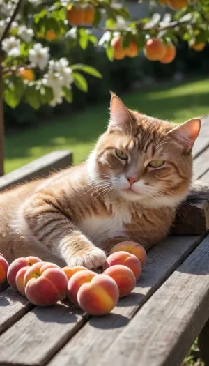 5000000010.202, A cute little cat is lying on its back, sleeping and rolling around on an old wooden bench. The sunlight is shining through the tree branches, warming its fluffy belly and creating beautiful shadows. In front of it are some blooming peaches. This photo was taken with a Canon EOS R5 camera using a macro lens with an aperture of f/2.8.
