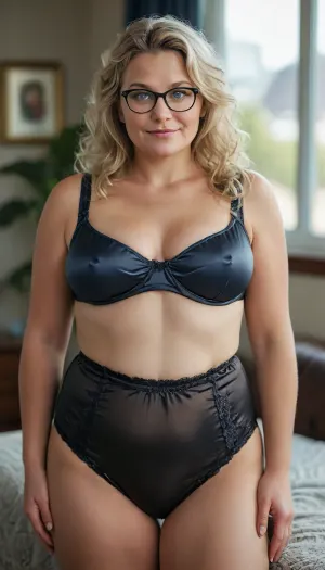 photorealistic, best quality, (realistic), (obese milf:1), 50 years old, (caucasian milf), wearing glasses, ((curvy)), Long hair, Dark hair with highlights, (wearing black tight satin high-waist full coverage wide granny panties:1.2), ((plump round obese belly)), (big lovehandles), (chubby thighs), ((huge muffin top belly)), (belly hanging over top of panties), (double chin), plump round fat face, very plump pubis, (plump fupa), full body shot, 1960s, strong eyebrows, realistic high quality photography, beautiful, skin pores, eyelashes, textured skin, highly realistic skin, ambient occlusion, model shoot, (sleeveless black satin lingerie), (plump body), but, sagging, stretch, marks, (cameltoe), blonde, wrinkles, jewelry, long, hair, short, smiling, 1girl, blue, eyes, <lora:MJ52:.8>, <lora:Older_woman-000008:.2>