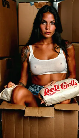 ((Holding a butt burrito)), (((She is holding a butt burrito in her hands))), (((sitting inside a cardboard box for a refridgerator))), amazing chest tattoo design, half body portrait of a woman wearing a KFC bucket for a hat, 80's style makeup, slept in style, princess portrait, beautiful costume, white trash homeless white girl style, beautiful detailed body and face, tanned white skinned american girl, 80's clothing, provocative white american, beautiful skinny woman, tattoed nipples, tear drop saggy breasts, a girlA young homeless white trash woman with long, dark hair. The image conveys a blend of generation, cutural and natural beauty., titsonastick, grainy photograph, 1980s photo with film grain, 1980s photo with vignetting, retro, r/OldSchoolCool, 1950s photo, vintage photo, natural beauty, breathtaking tribal tattoo design, incredible tattoo design, soft focus, depth of field, 8k photo, HDR, professional lighting, taken with Canon EOS R5, 75mm lens, theme, puffy, nipples, dark, ghost, wide, <lora:Nipples XL:1.3>