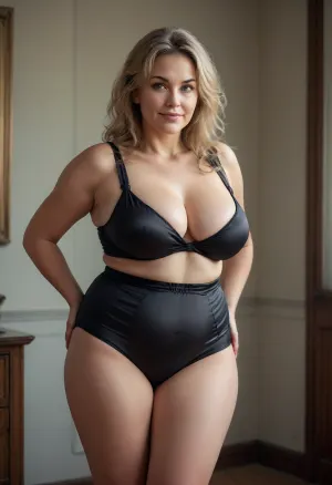 photorealistic, best quality, (realistic), (chubby milf:1), 50 years old, (caucasian milf), ((curvy)), narrow waist, hourglass figure, Long hair, Dark blonde brunette hair with highlights, (wearing black tight satin high-waist full coverage wide granny panties:1.2), ((plump round obese belly:1.3)), (big lovehandles:1.4), (chubby thighs), ((huge muffin top belly)), (belly hanging over top of panties), (double chin), plump round fat face, very plump pubis, (plump fupa:1.3), full body shot, 1960s, strong eyebrows, realistic high quality photography, beautiful, skin pores, eyelashes, textured skin, highly realistic skin, ambient occlusion, model shoot, (plump body), but, sagging, (cameltoe), wrinkles, short, smiling, open mouth, eyes, <lora:MJ52:.8>, <lora:Older_woman-000008:.1>, <lora:Older_woman_v4-000002:.8>, Curvy, body, <lora:b8174d41-8ba7-4318-bc14-53ee7e353d91.TA_trained:.8>