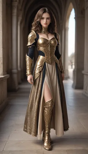Full body shot, brunette, wavy hair, armor made with chain, chain armor, sexy