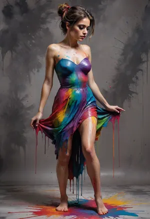 Mexican horror, 30 year old woman, tall and lithe, fear, dread, despair, bare feet, full length, full body, completely nude, body completely covered in paints, paint spread out flowing like a dress, complicated and messy hairstyle, katr1na, face, paint, Colorsplash, <lora:CatrinaMulti_byDevDope:.5>, <lora:SDXLPaintSplash:.3>