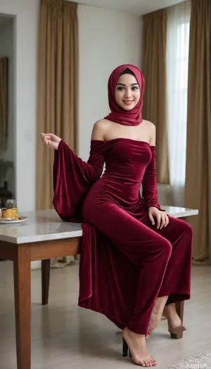 18yo indonesian happily wear maroon al-amira hijab, full body shot, naked, only wear a velvet strapless minidress, perfect body, living room background, sit and open her leg widely at table corner to show her vagina