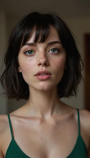 Masterpiece, 1girl, extremely short, Ukrainian, wavey messy bob cut, black hair, full messy bangs, barely legal, gorgeous rectangle face, extremely skinny, underweight, very pointy cheekbones, very skinny, solo, very very big and very bright green eyes, perfect eyes, realistic eyes, ultra realistic, very many freckles, very big mouth very wide beautiful lips, very full upper lip, down curved upper lip, heart shaped lips, skinny neck, visible collarbones, very pale slight dark circles